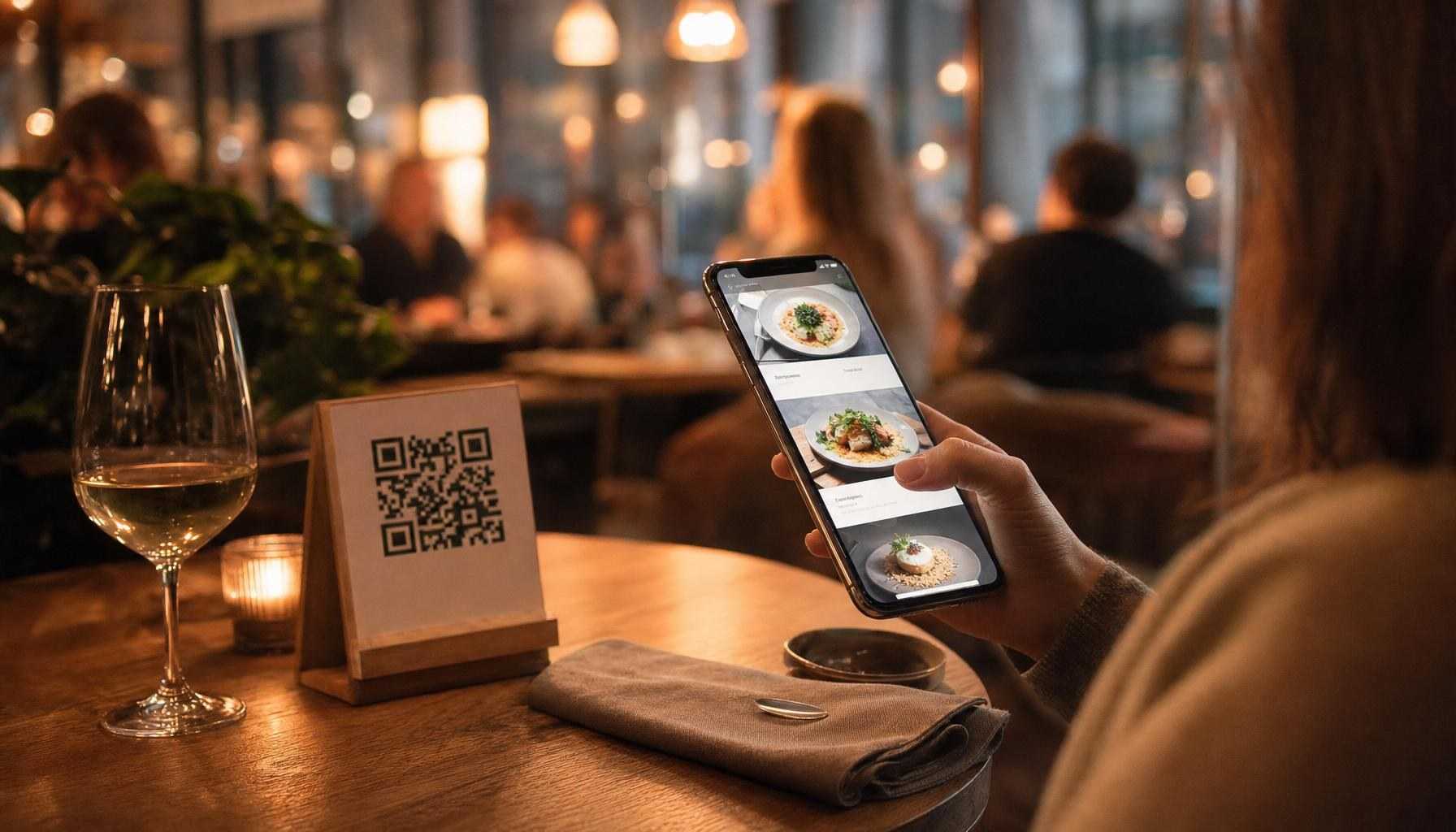 A guest scanning a SafestMenu QR code card on a set bistro table