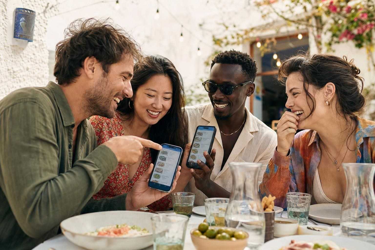 Friends at a terrace table browsing the same digital menu in different languages