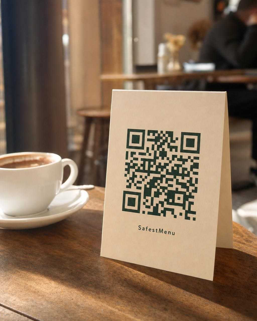 A SafestMenu QR code table card on a cafe table next to an espresso