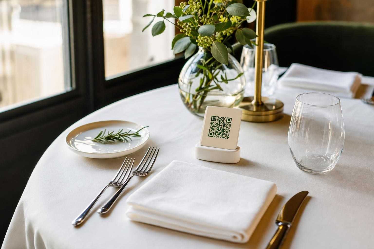 A pristine restaurant table with a small QR code stand instead of paper menus